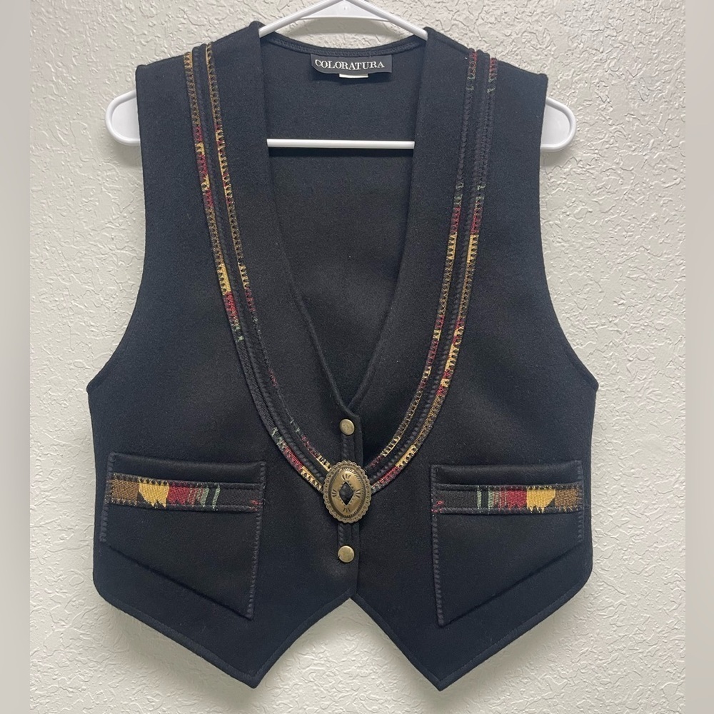 Vintage coloratura black southwestern wool conchos vest size small